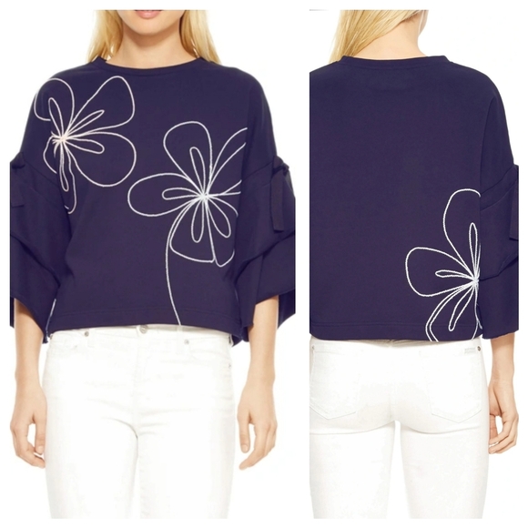 Parker Oamara Navy Blue Crewneck Floral Topstitch Cotton Blouse XL Artsy Boho - Picture 2 of 12